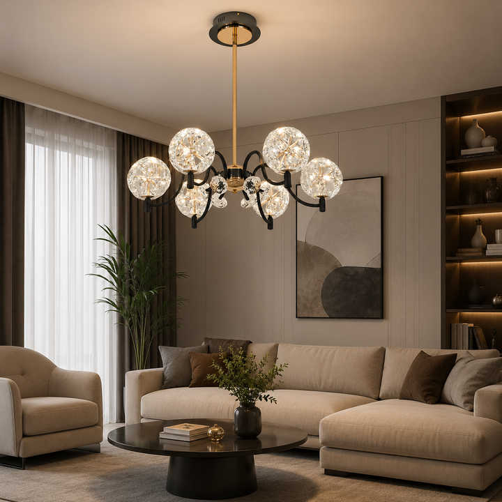 Candelabru Modern cu 6 Globuri din Sticl, LED 96W, L60 cm, Design Elegant Negru-Auriu
