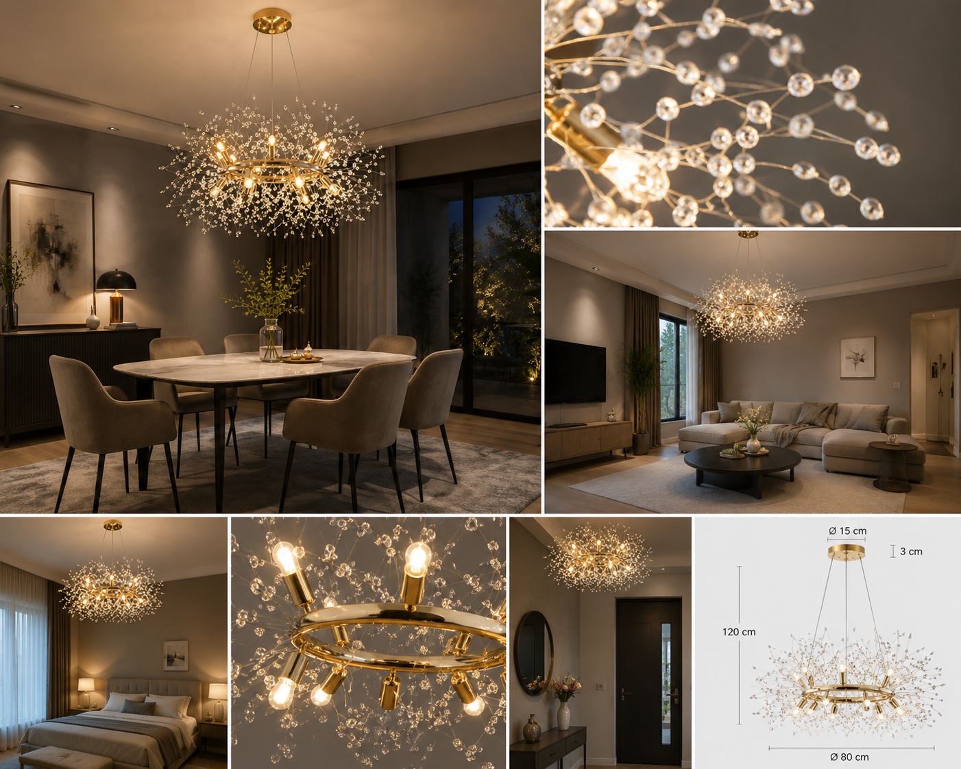Candelabru modern LED tip ramură, 9x13W, Ø600 mm, design floral cu cristale, montaj suspendat