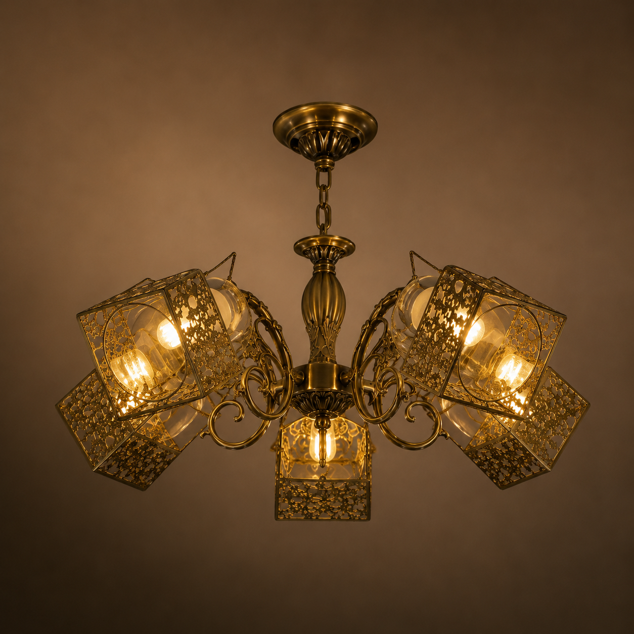 Candelabru  vintage cu 5 brațe, Ø640×H300 mm, suport E27 max 60W, finisaj bronz antic, fără telecomandă