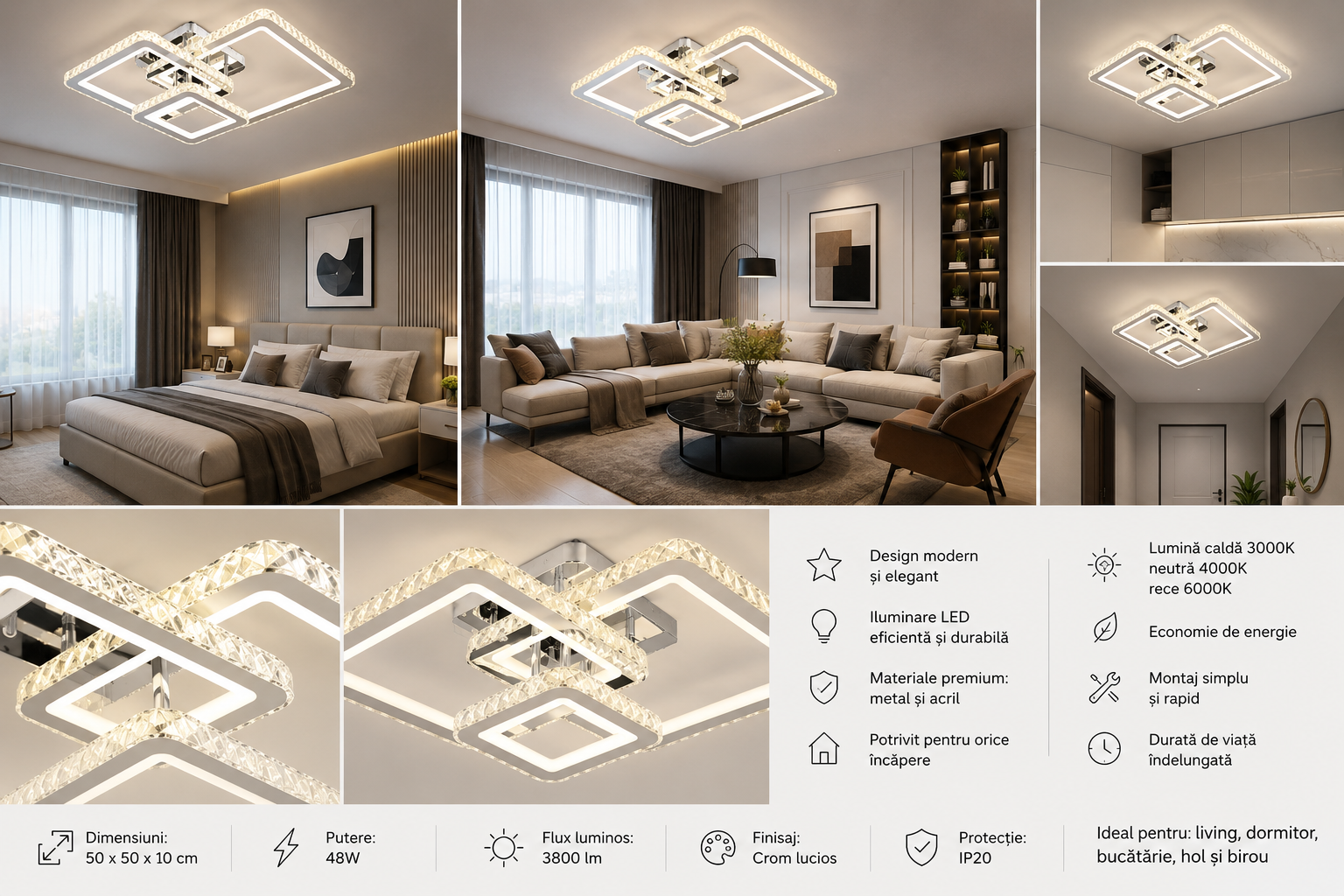 Lustra LED design geometric patrat, finisaj crom – L7965D/3CZ CR