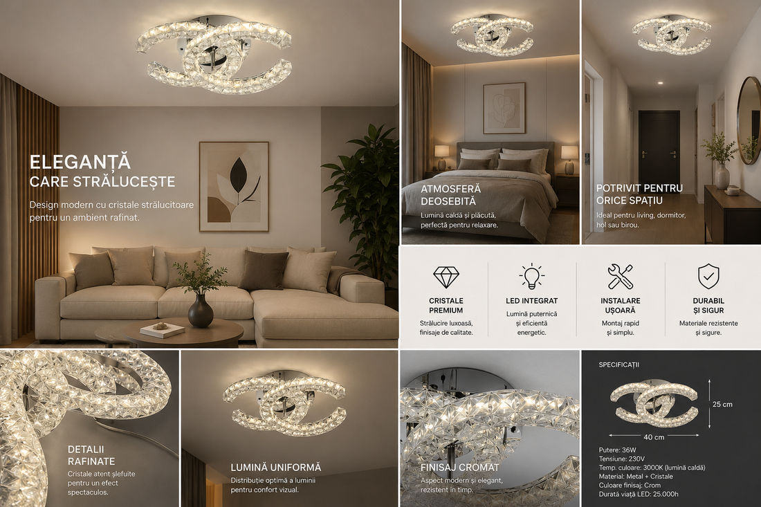 Lustră LED Cristal 56W cu Telecomandă, Temperatură Reglabilă 3000K–6500K, Design Elegant, 450x320xH120 mm – Model SJ034-2