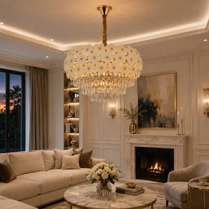 Candelabru elegant cu flori decorative, 10 becuri E27, Ø600×H320 mm – model 70057/600 FGD