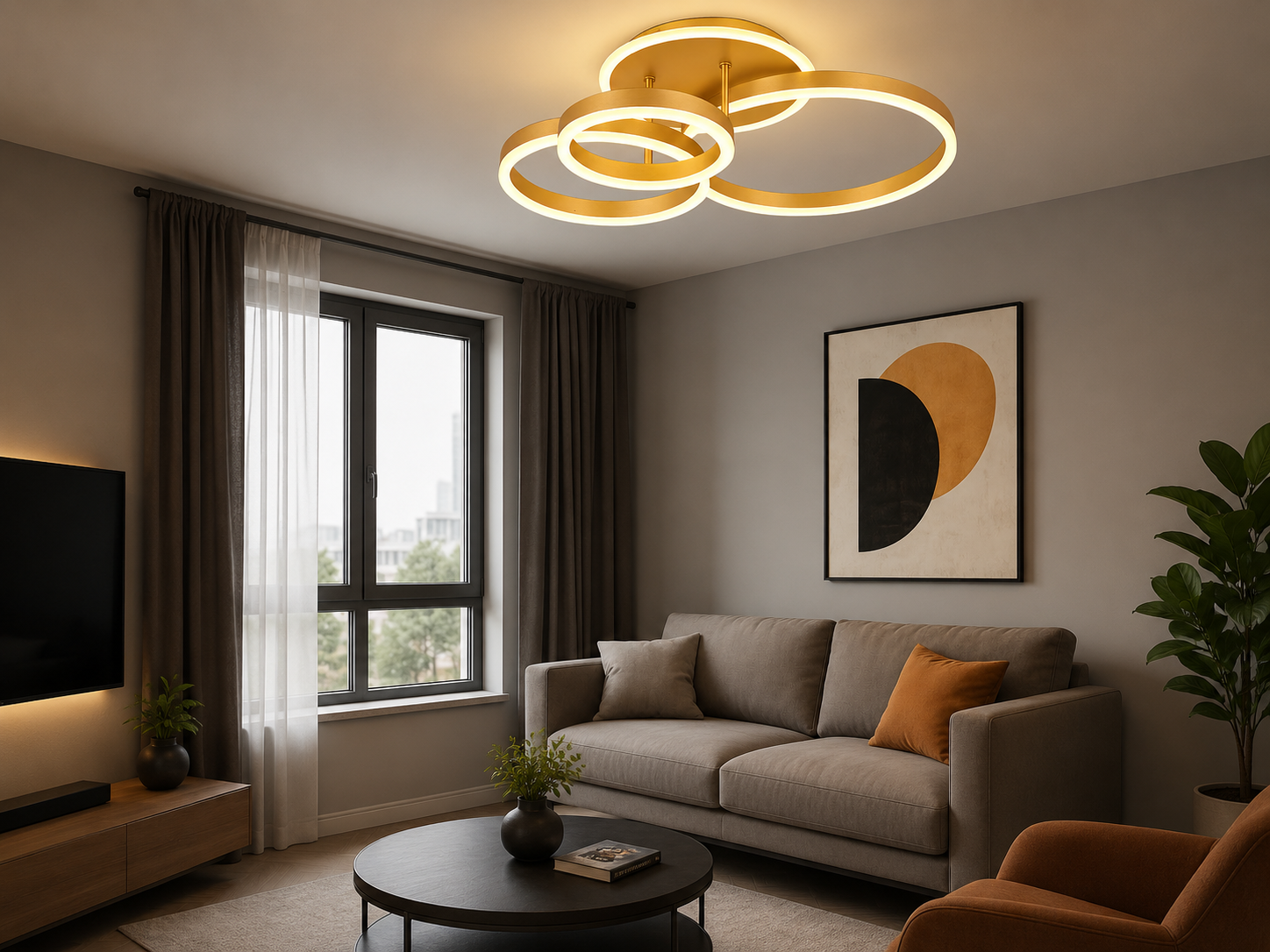 Lustră LED modernă cu 3 cercuri, 144W, Ø630×H400 mm, lumină reglabilă 3000K–6500K, telecomandă 2.4G, finisaj auriu GD