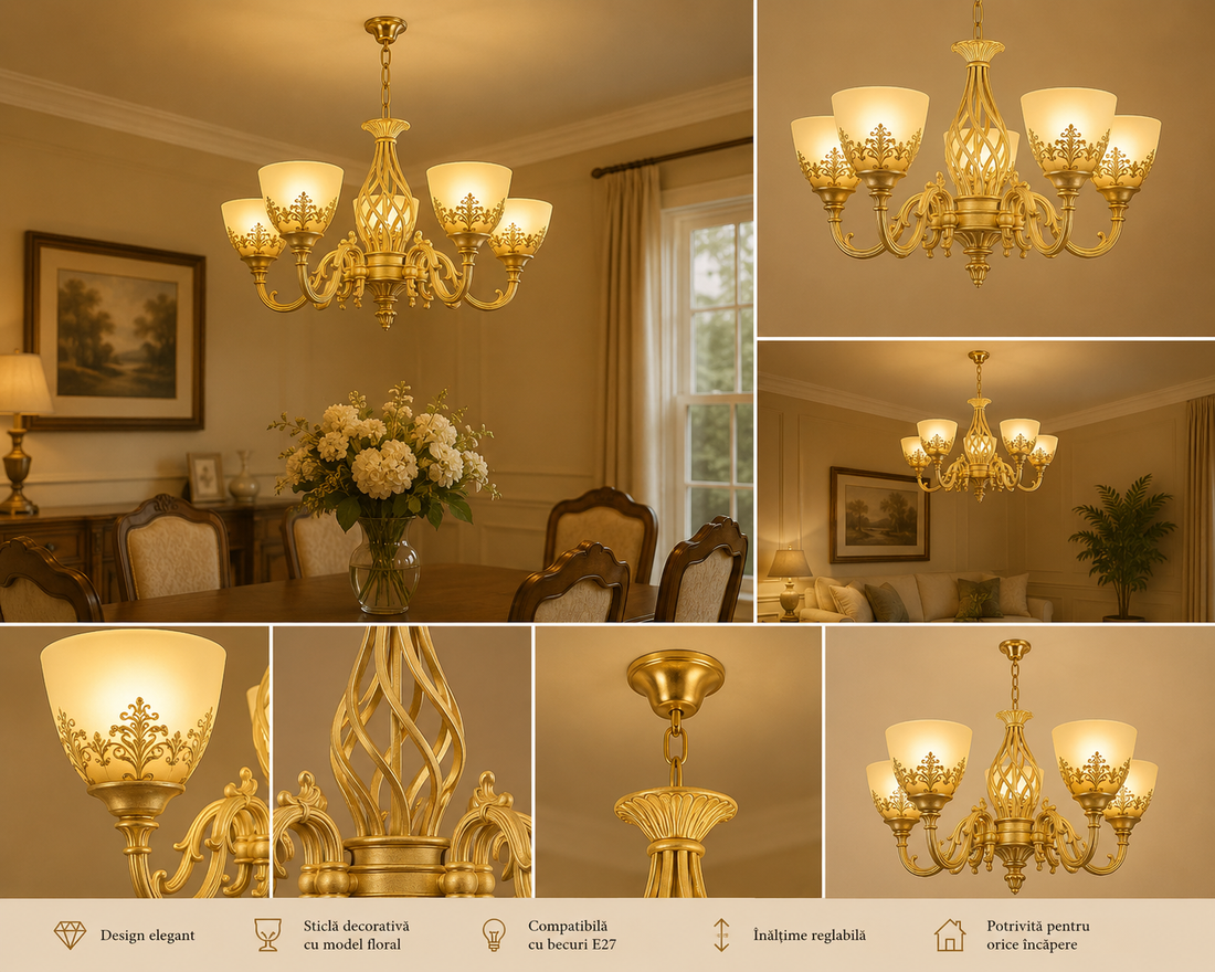 Candelabru vintage cu 5 brațe, Ø550×H550 mm, 5 becuri E27, finisaj alb antichizat (WH), design clasic cu ornamente florale