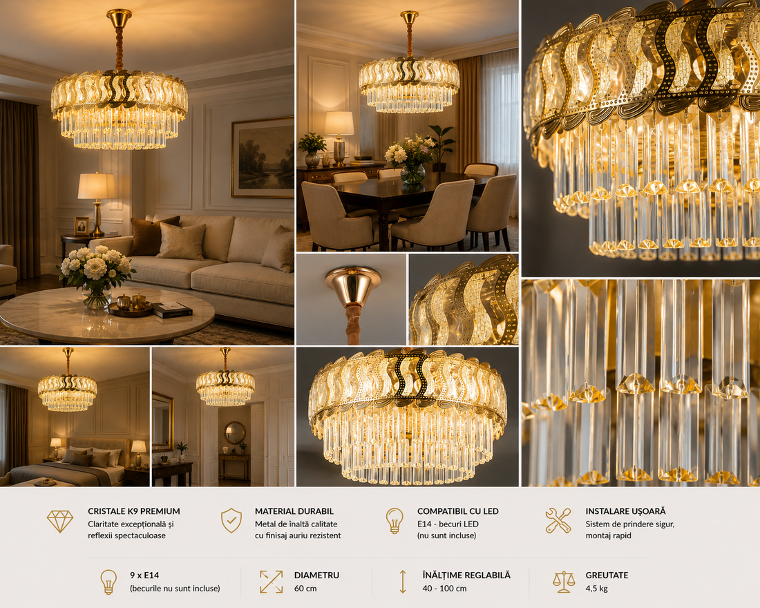 Candelabru  cu cristale, 5 surse E27, Ø ≈ 400 mm, finisaj auriu – model 3526/400 FG