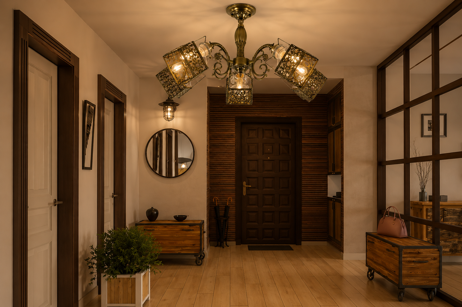 Candelabru clasic vintage 3 becuri, Ø640×H300 mm, suport E27, finisaj bronz antic, fără telecomandă