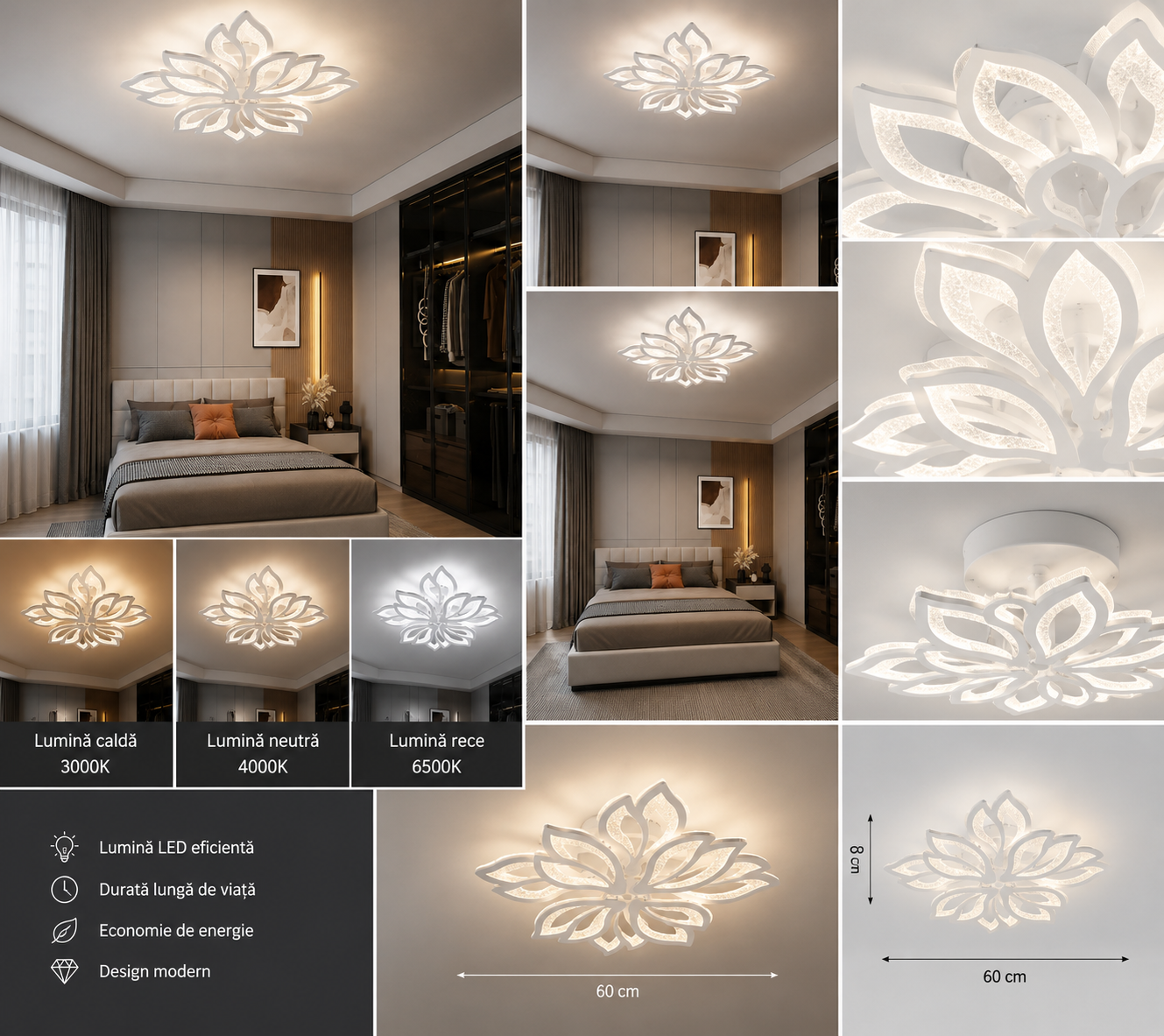 Lustră LED Florală 4+4 Brațe, 176W, Temperatură Reglabilă 3000–6500K, cu Telecomandă – Design Alb Elegant