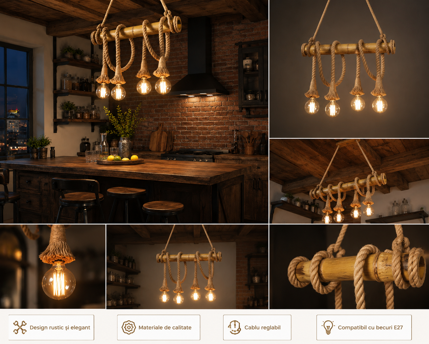 Pendul rustic cu 4 becuri, Ø600×H500 mm, E27 max 60W, C023/4