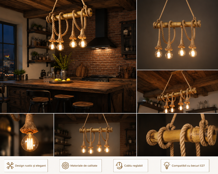 Pendul rustic cu 4 becuri, Ø600×H500 mm, E27 max 60W, C023/4