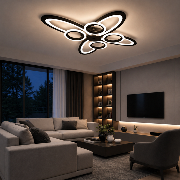 Lustra LED Neagra 8 Cercuri, 128W, 3000-6500K, Telecomanda Inclusa, Model L71591/4+4