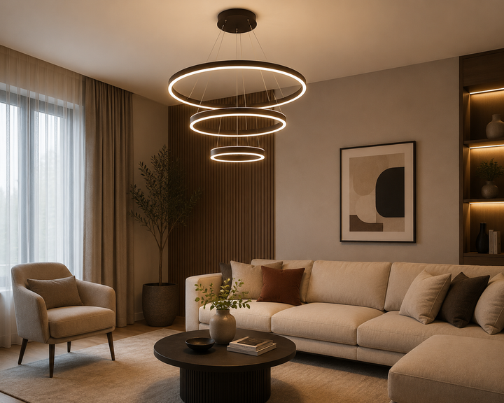 Pendul  LED Suspendată 3 Cercuri, 400W cu Telecomandă, Dimabilă 3000K–6500K, Design Modern Maro – SJ030-800-600-400