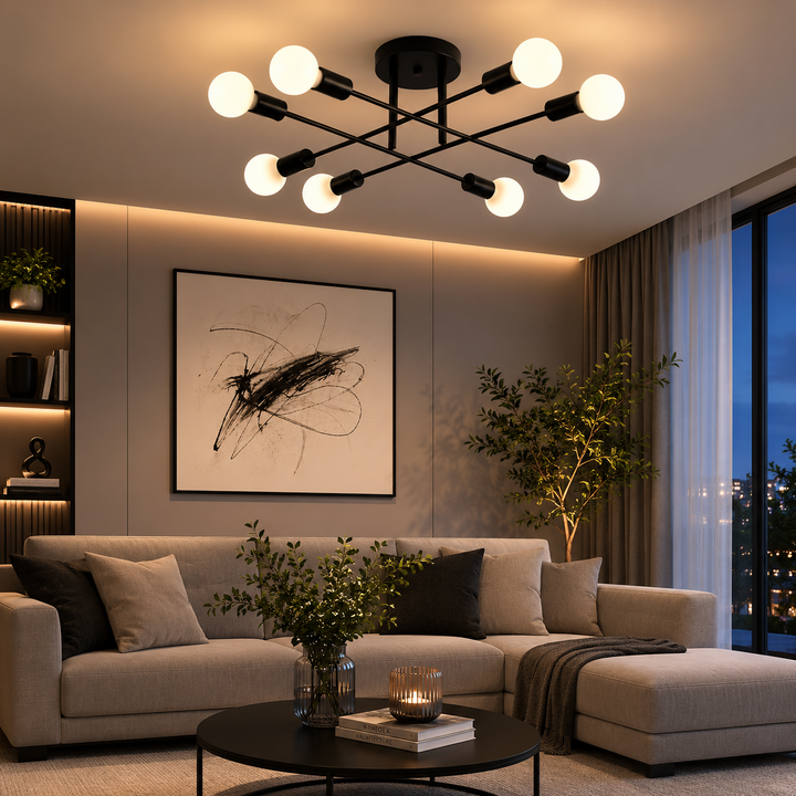 Lustra cu bec modern neagră cu 8 becuri – Design minimalist E27 – 9855/8