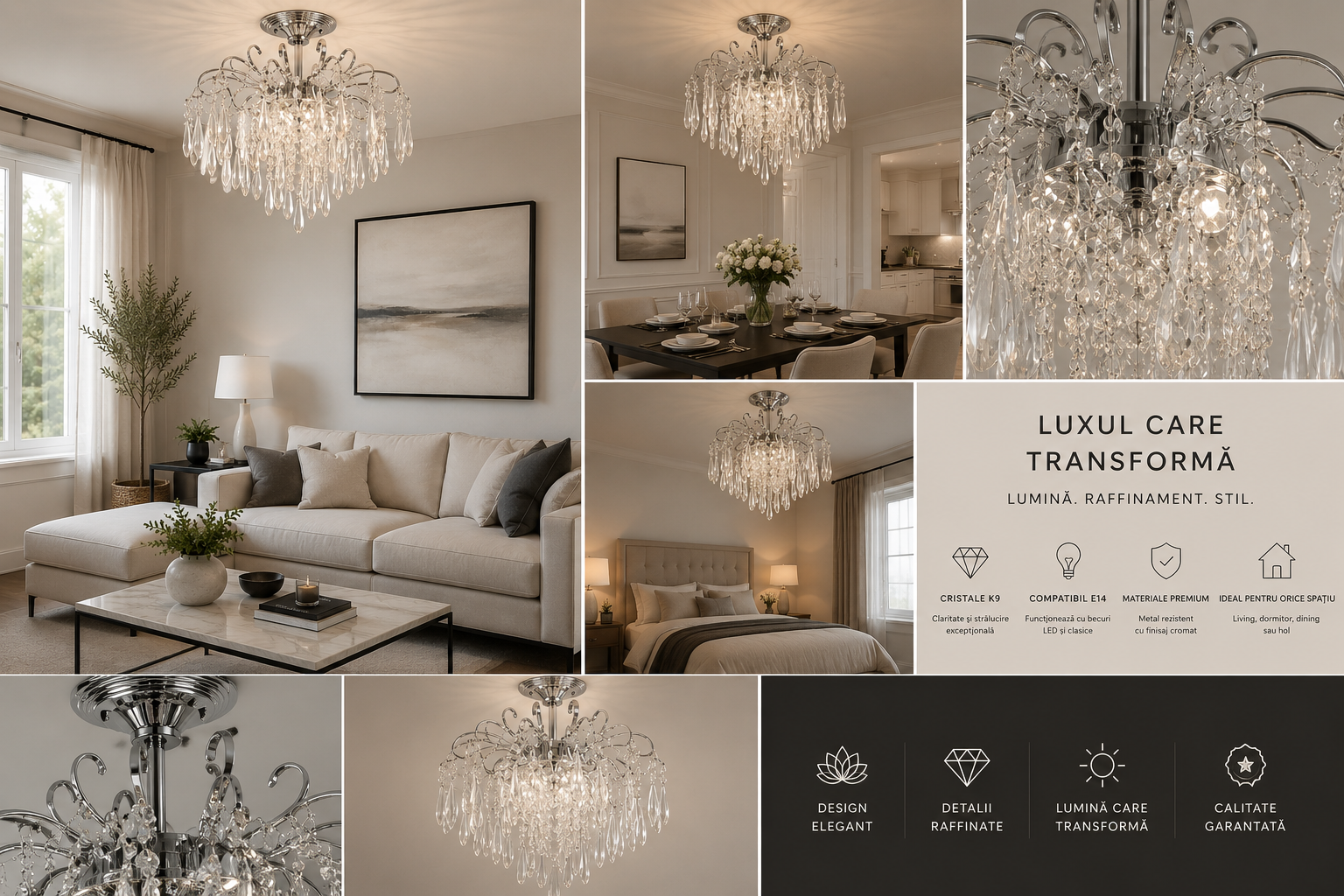 Candelabru  tip cascadă cu cristale, 5 becuri, Ø460 mm, soclu E27 max 60 W, finisaj crom lucios – model 6503/5