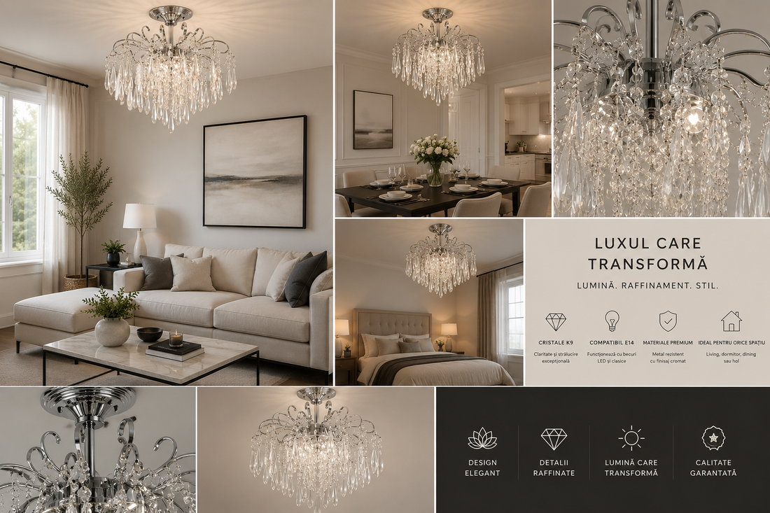 Candelabru  tip cascadă cu cristale, 5 becuri, Ø460 mm, soclu E27 max 60 W, finisaj crom lucios – model 6503/5
