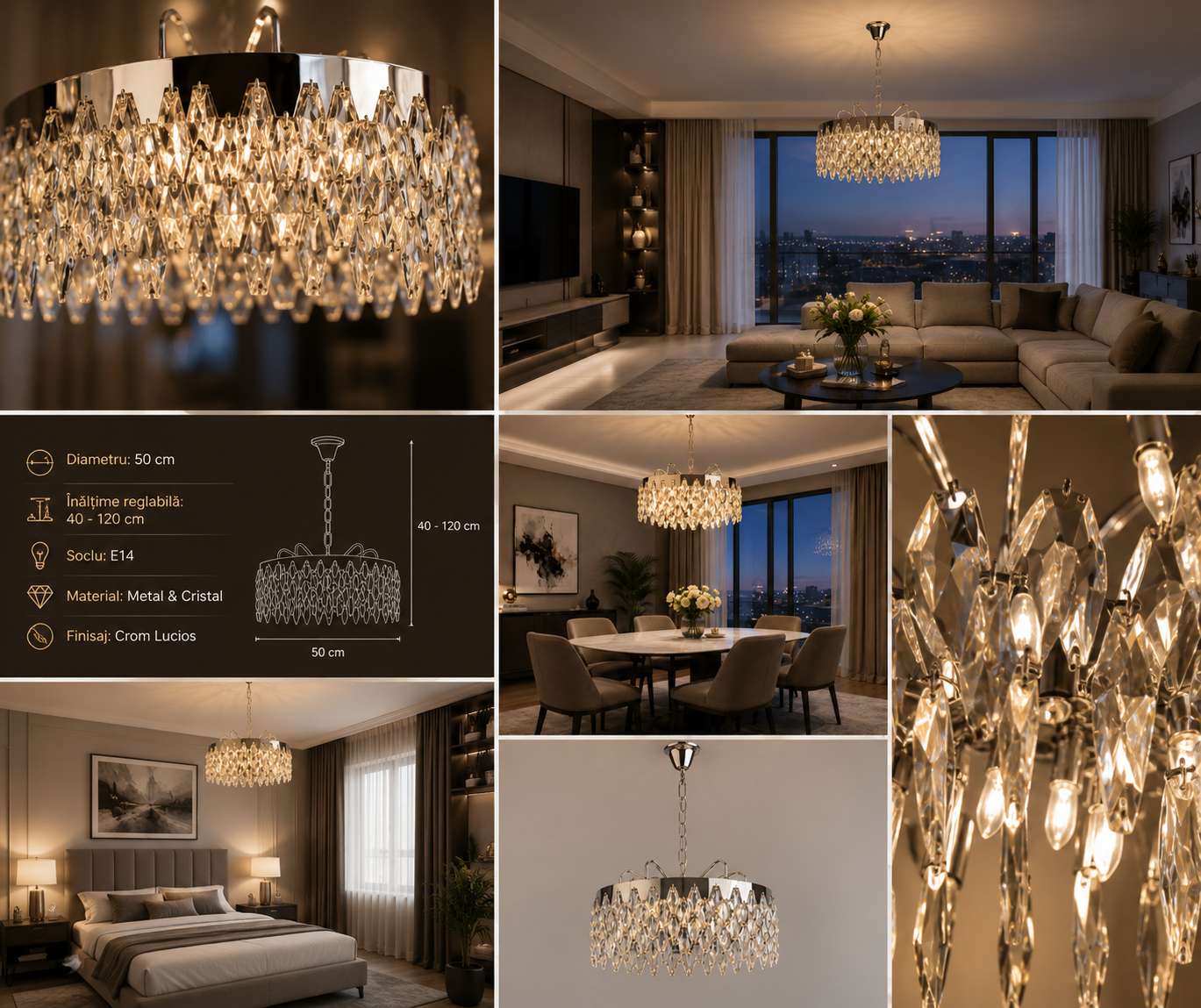 Candelabru cu cristale, 10 becuri E27, Ø500×H640 mm, montaj suspendat, finisaj cromat elegant