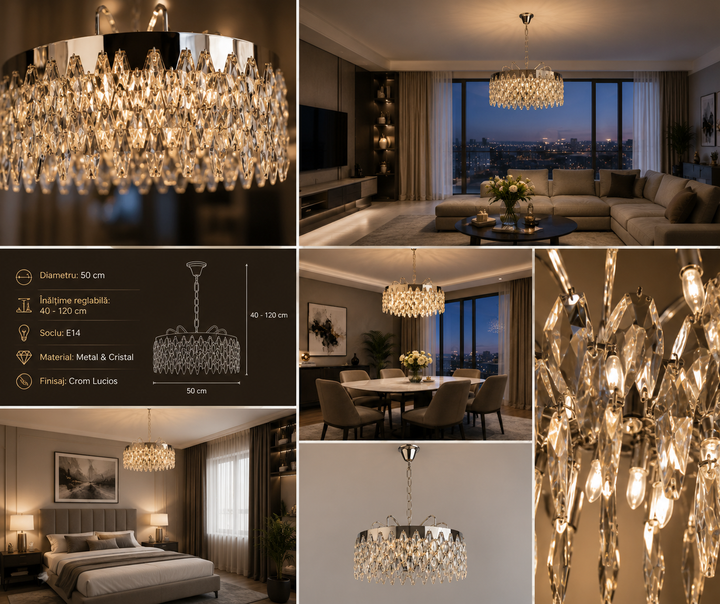 Candelabru cu cristale, 10 becuri E27, Ø500×H640 mm, montaj suspendat, finisaj cromat elegant