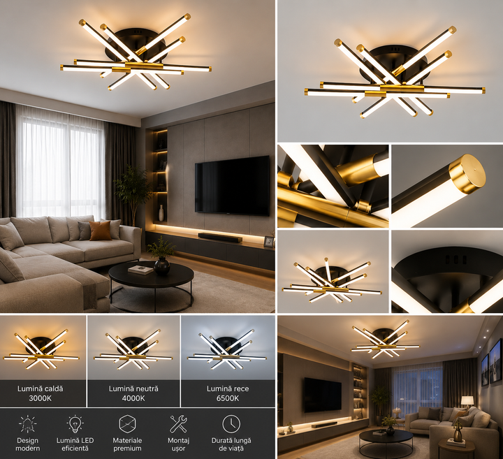 Lustra LED cu telecomandă, D720×H300 mm, lumină reglabilă 3000–6500K – model 9705/6BK+PLG