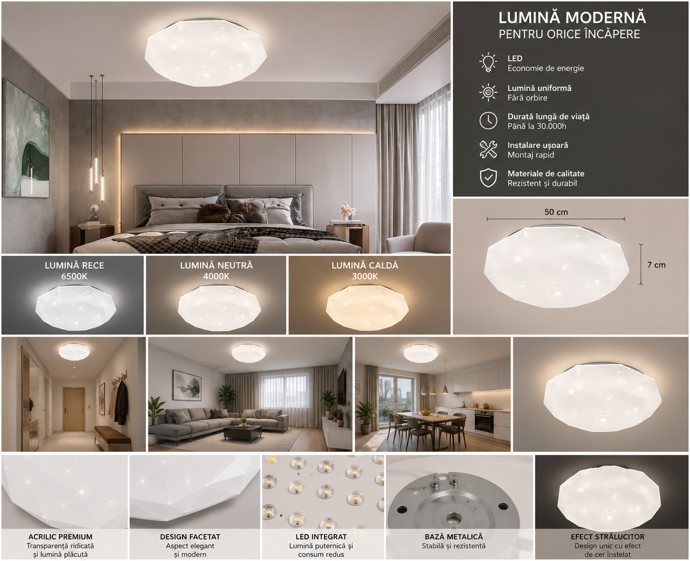 Plafoniera LED moderna, Ø380 mm, 36W, 6500K, ML-006/380WH
