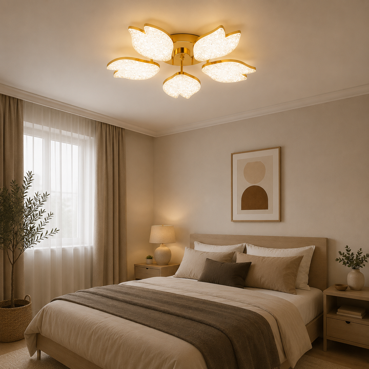Lustra LED moderna aurie cu petale acrilice, 100W, Ø61 cm, model 9141/5 FGD, lumină 3000–6500K, telecomandă