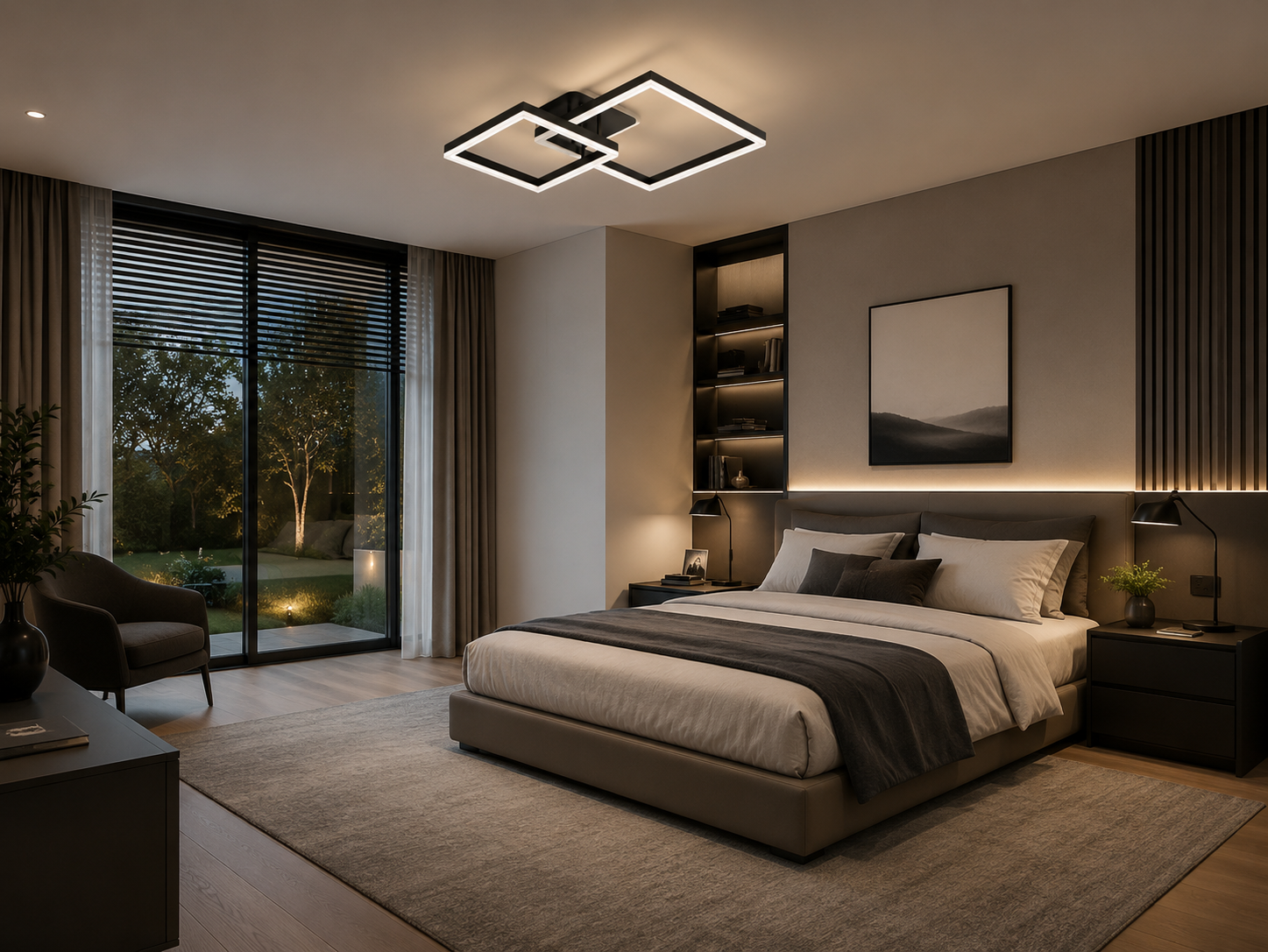 Lustra LED cu telecomanda, 2x71W, lumina reglabila 3000K–6500K, 550×550×150 mm, design pătrat modern 71125/400+300BK