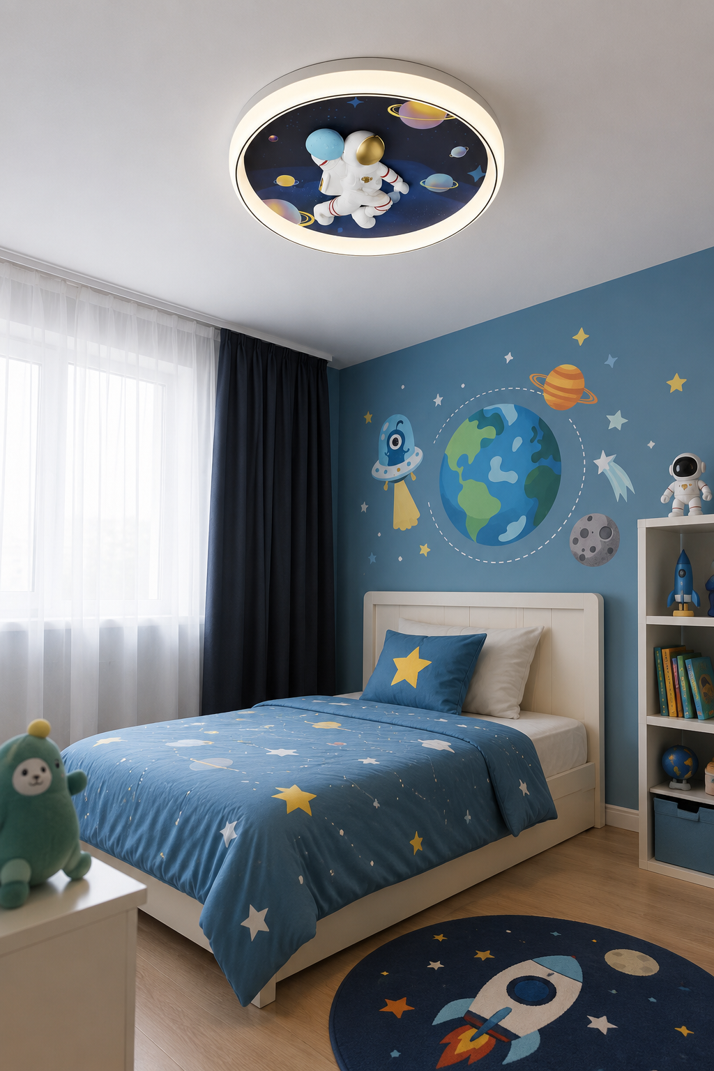 Plafonieră LED copii cu astronaut 3D și telecomandă, 96W, lumină reglabilă 3000–6500K – model 26197 BLU+BK