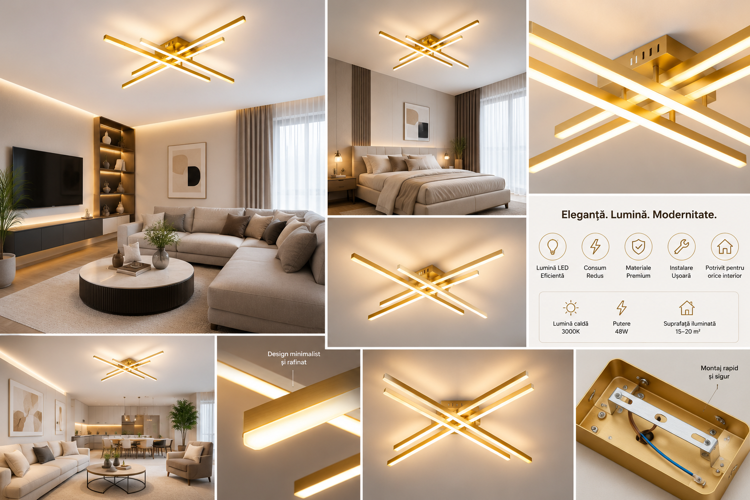 Lustra LED pătrata aurie 9794/4FG– 112W, lumină reglabilă 3000-6500K