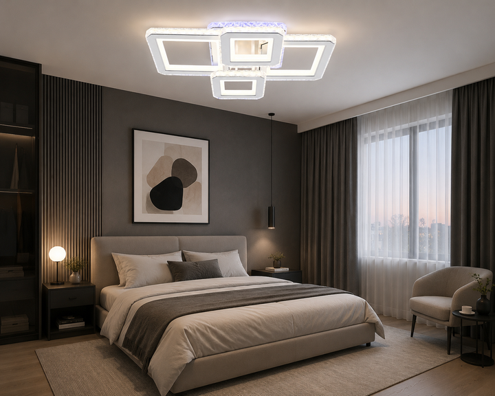Lustra LED 2+2 patrata, design modern alb cu insertii cromate – L7965/2+2C WH+CR