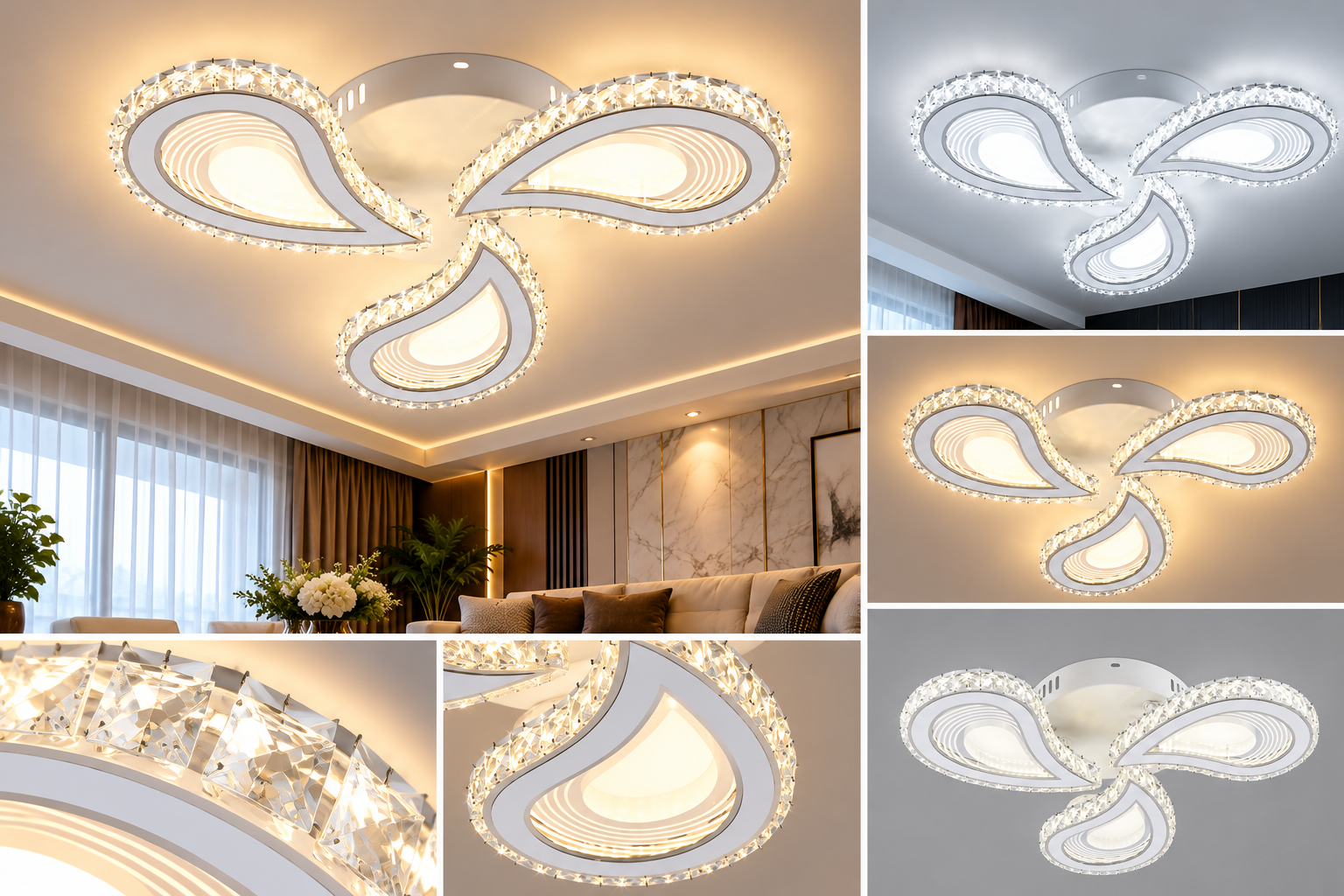 Lustră LED 7513/3 – Alb, cu 3 Brațe și Elemente Decorative din Cristal