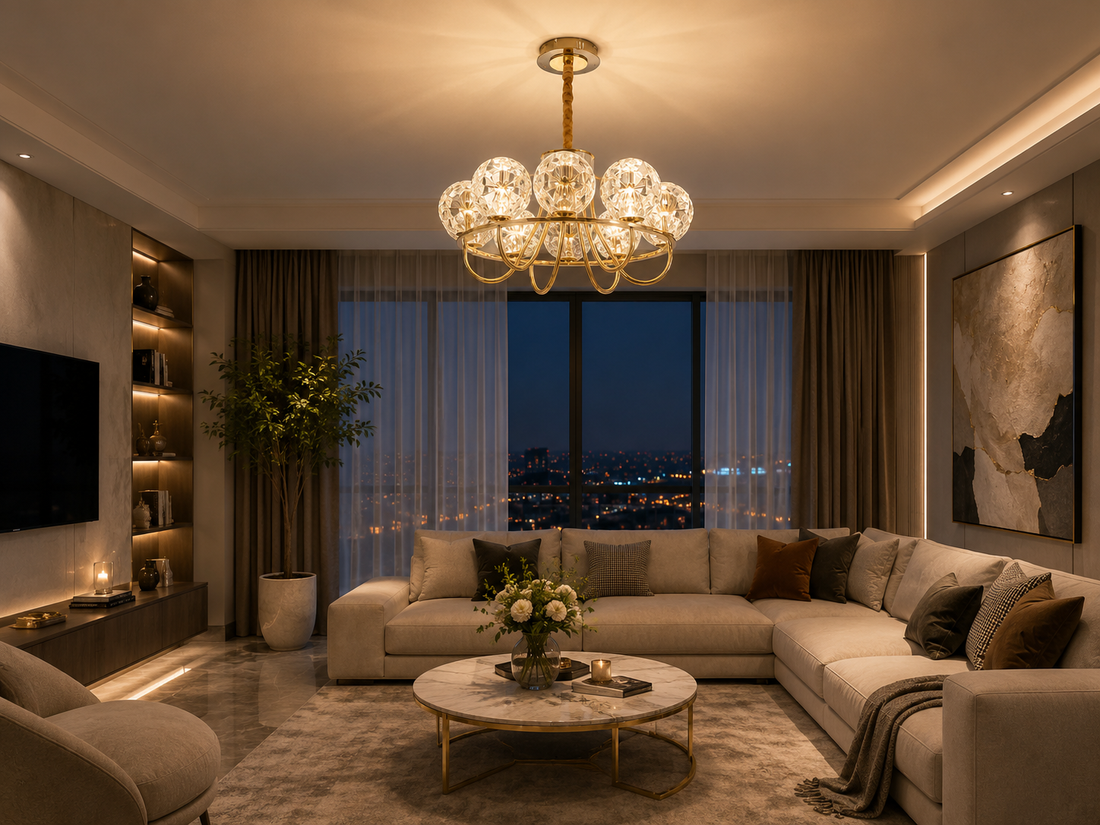 Candelabru Modern Auriu cu 6 Globuri – LED 96W, L70 cm, Stil Elegant și Luminos