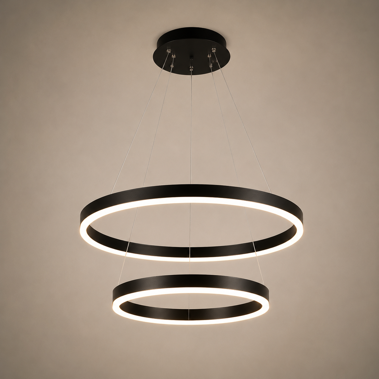 Pendul LED cu 2 cercuri suspendate, 140W, Ø500×H1500 mm, lumină reglabilă 3000K–6500K, telecomandă inclusă, finisaj cafeniu închis (BK)