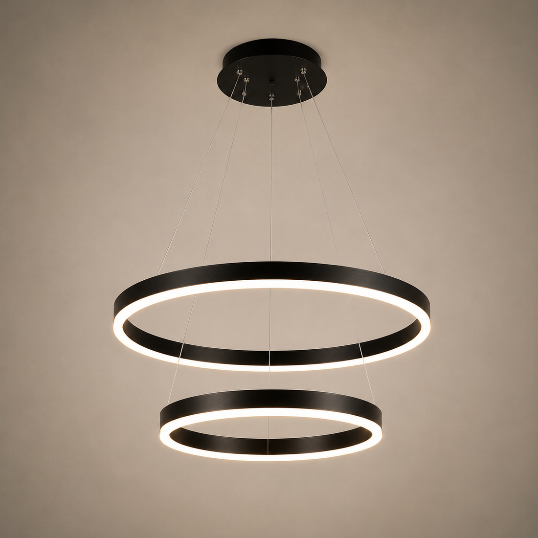 Pendul LED cu 2 cercuri suspendate, 140W, Ø500×H1500 mm, lumină reglabilă 3000K–6500K, telecomandă inclusă, finisaj cafeniu închis (BK)