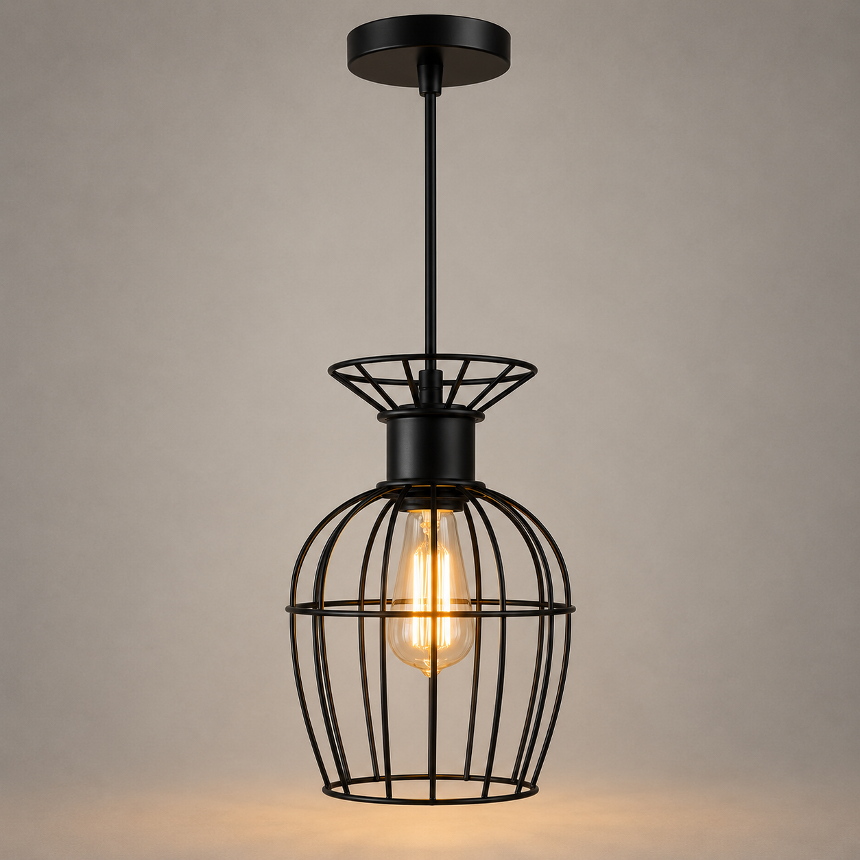 Pendul industrial tip cușcă, Ø160×H250 mm, 1xE27 max 60W, finisaj negru mat, fără telecomandă