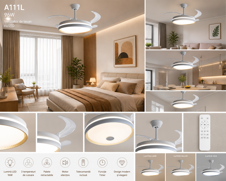 Ventilator de tavan cu LED 96W și telecomandă –  A111L
