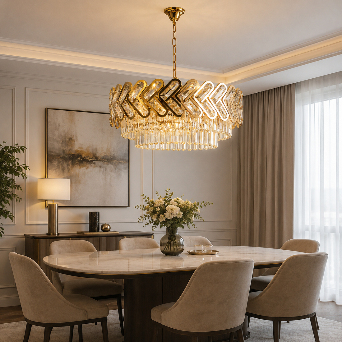 Candelabru Auriu Cristal 10 Becuri E27, Ø500 mm, Design Modern cu Elemente Geometrice, Fara Telecomanda