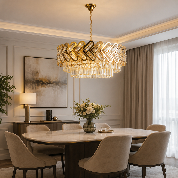 Candelabru Auriu Cristal 10 Becuri E27, Ø500 mm, Design Modern cu Elemente Geometrice, Fara Telecomanda