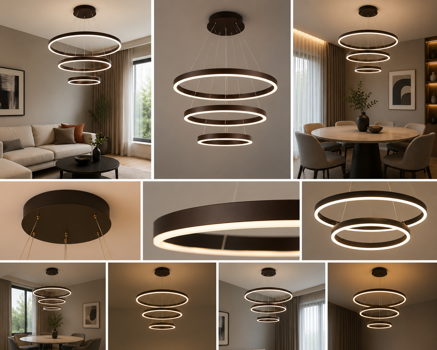 Pendul  LED Suspendată 3 Cercuri, 400W cu Telecomandă, Dimabilă 3000K–6500K, Design Modern Maro – SJ030-800-600-400