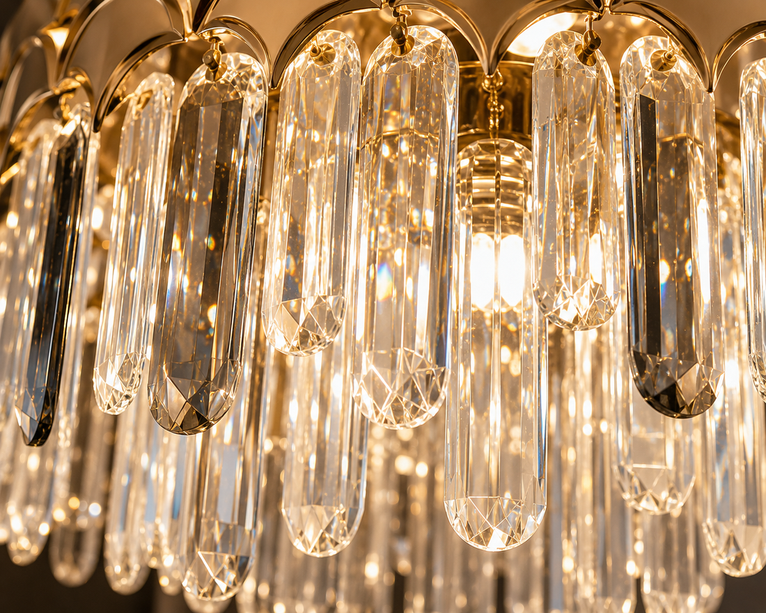 Candelabru Ø480×H285 mm, LED 188W, cristale verticale și cadru auriu decorativ 98093/500
