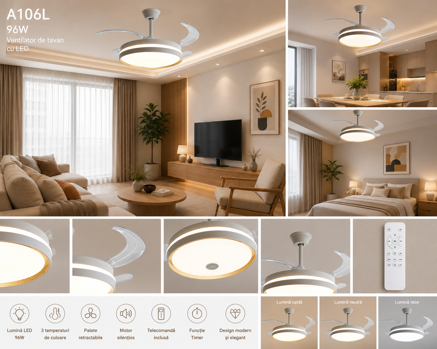 Ventilator de tavan cu LED 96W și telecomandă –  A106L