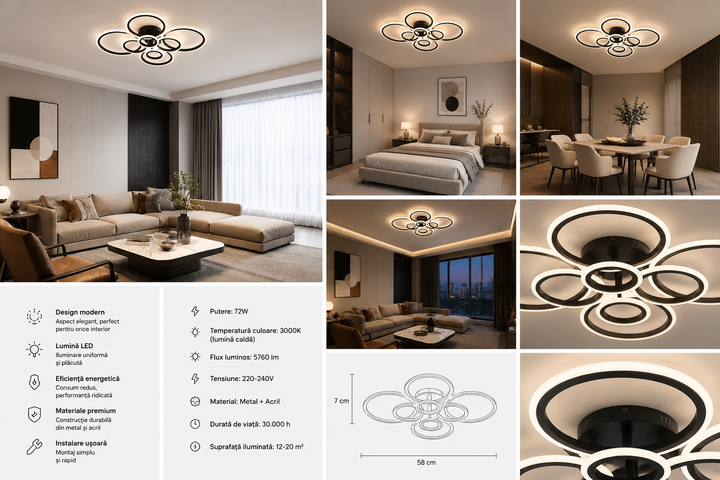 Lustra LED moderna, 180W, lumină reglabilă 3000–6500K, cu telecomanda, 7728/4+4 BK