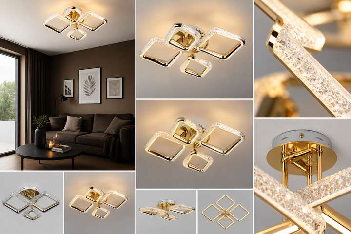 Lustra LED aurie cu patru pătrate și telecomandă – lumină reglabilă 3000–6500K, 60W  P013/2+2