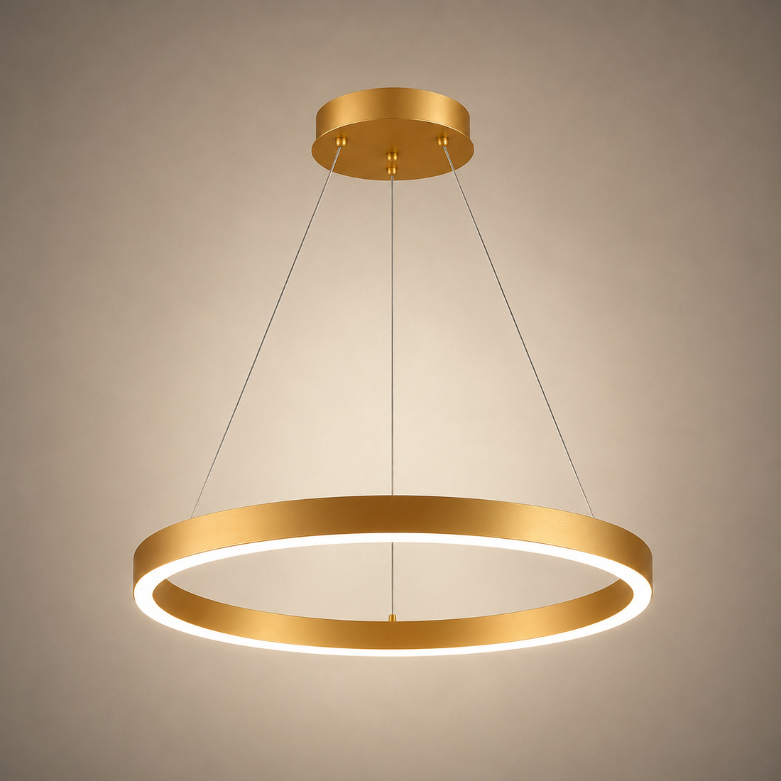 Pendul LED cu telecomanda, 2x61W, lumina reglabila 3000K–6500K, inele aurii, 715×500×105 mm