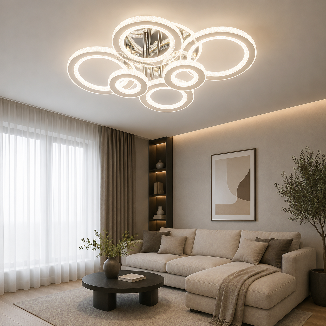 Lustră LED Modernă cu 6 Inele, 148W, Crom Lucios, Temperatură Reglabilă 3000–6500K, cu Telecomandă – Design Cristal