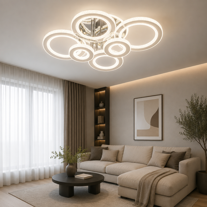 Lustră LED Modernă cu 6 Inele, 148W, Crom Lucios, Temperatură Reglabilă 3000–6500K, cu Telecomandă – Design Cristal