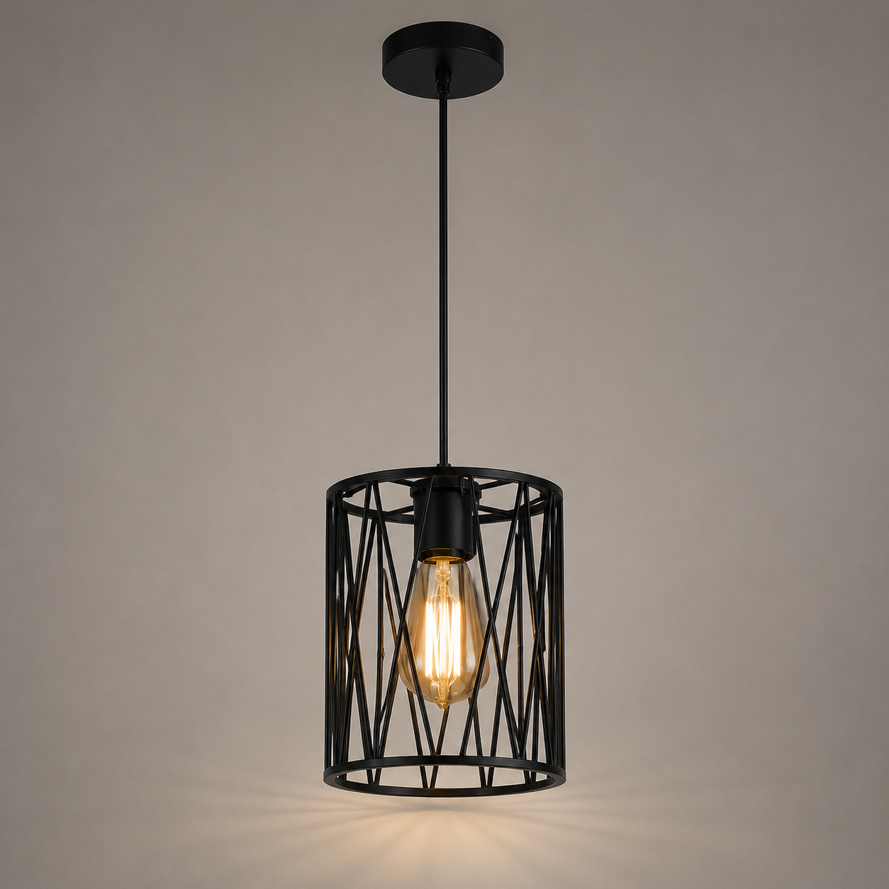 Pendul metalic industrial, Ø140×H200 mm, 1xE27 max 60W, cușcă decorativă neagră, fără telecomandă