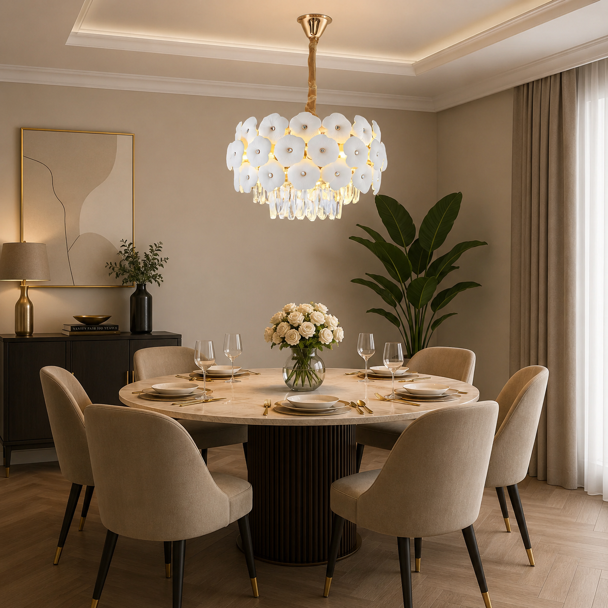 Candelabru elegant cu flori decorative, 5 becuri E27, Ø400×H280 mm – model 70057/400 FGD