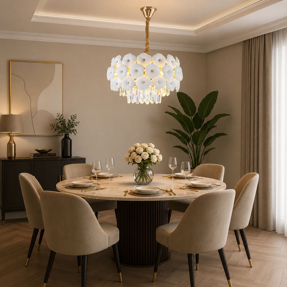 Candelabru elegant cu flori decorative, 5 becuri E27, Ø400×H280 mm – model 70057/400 FGD