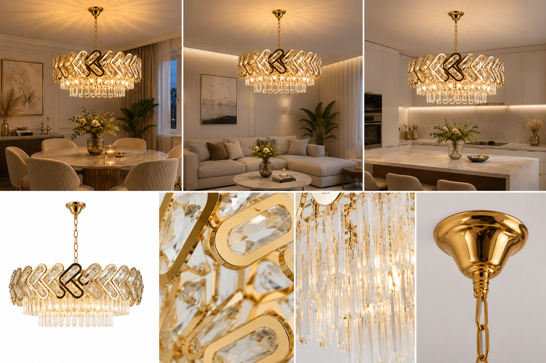 Candelabru Auriu Cristal 10 Becuri E27, Ø500 mm, Design Modern cu Elemente Geometrice, Fara Telecomanda