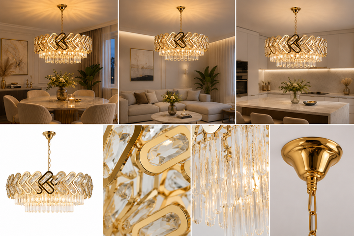 Candelabru Auriu Cristal 10 Becuri E27, Ø500 mm, Design Modern cu Elemente Geometrice, Fara Telecomanda