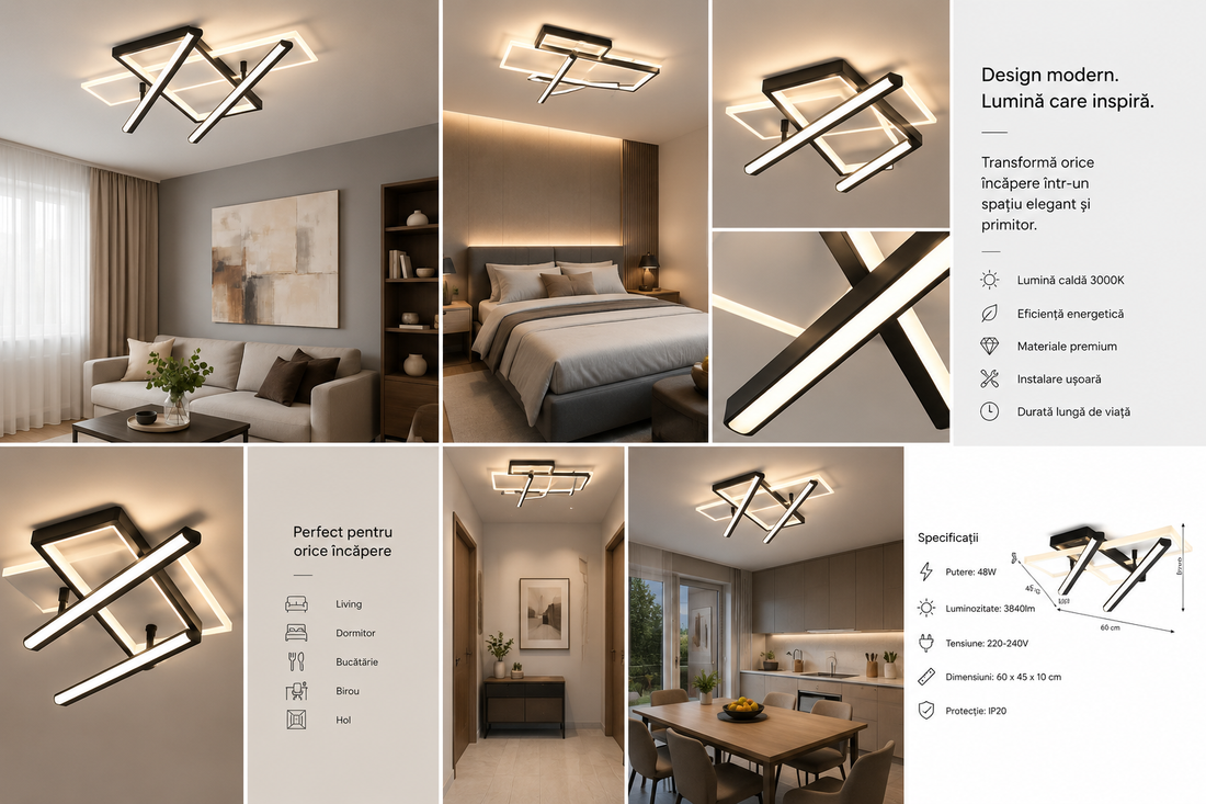 Lustră LED modernă cu telecomandă, 144W, lumină reglabilă 3000–6500K – model 9390/4 WH+BK