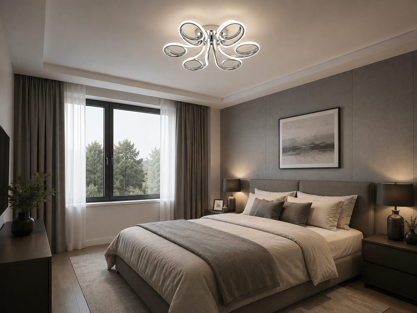 Lustra LED decorativa cu design ondulat cromat, 288W, Ø720×H170 mm, lumina reglabila 3000K–6500K, telecomanda inclusa